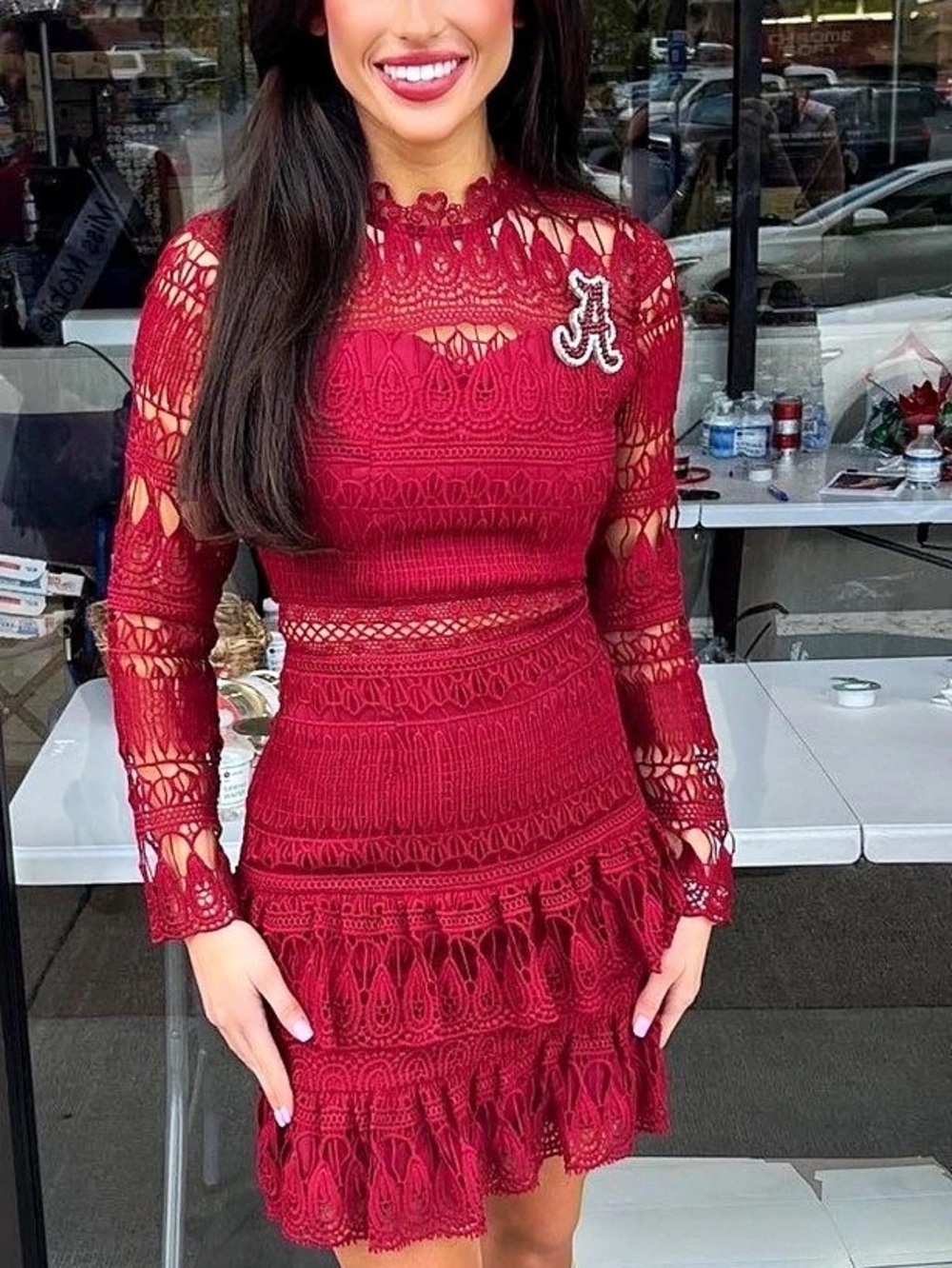 Self-Portrait Red Lace Long Sleeve Mock Neck Ruffle Mini Dress